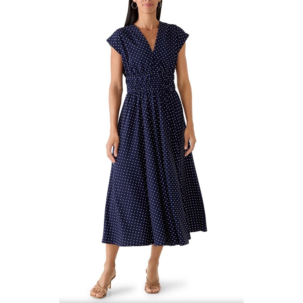Maison Tara Crepe A-Line Polka Dot V Midi Dress Retro 12 Navy Blue New With Tags